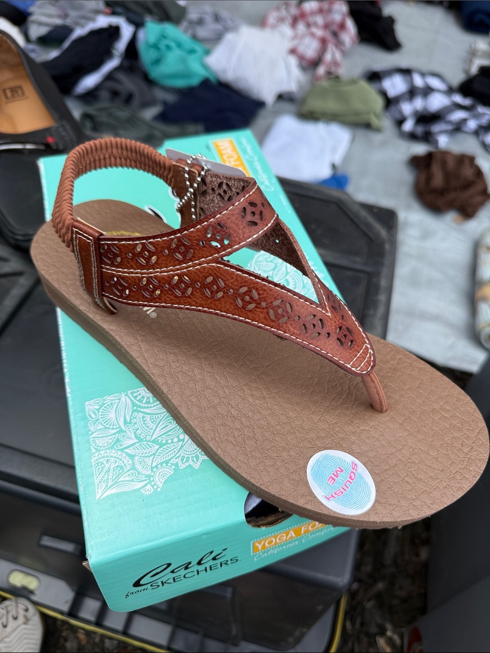 Skechers Brown Laser-Cut Thong Sandal with Elastic Back